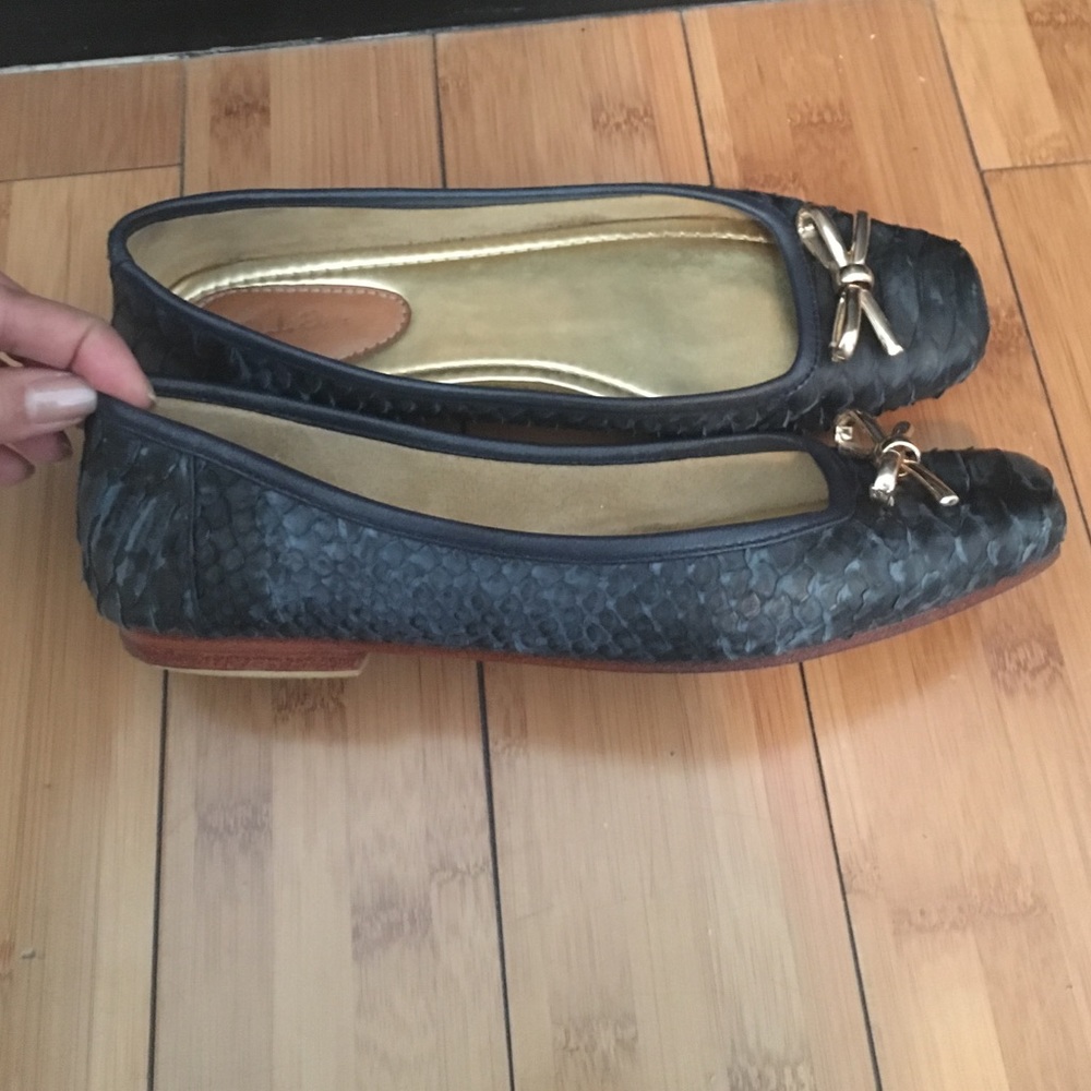 Python Genuine Leather Flats With Gold Metal Bow - image 2